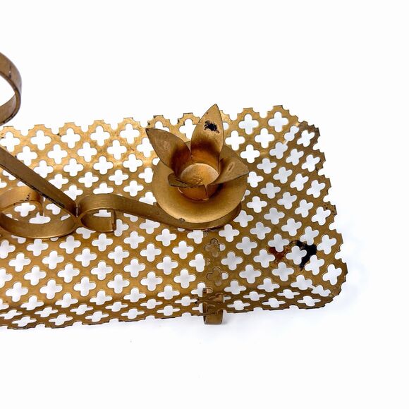 Vintage Brass Tone Quatrefoil Candle Holder Tray Hollywood Regency 15” - Picture 6 of 10